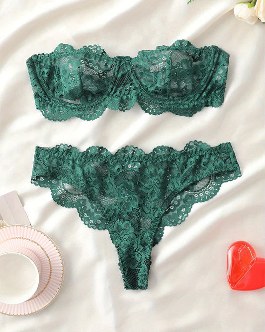 Sultry Strapless Lace Bra & Scallop Thong Set
