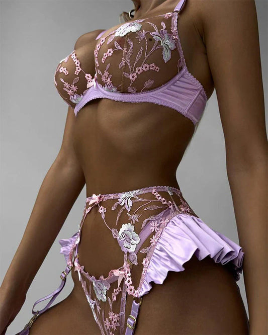 Seductive Embroidered Lingerie 4-Piece Set