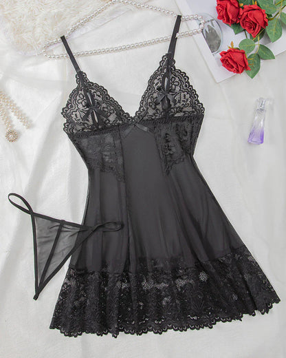 Sultry Lace Mesh Nightdress with G-String
